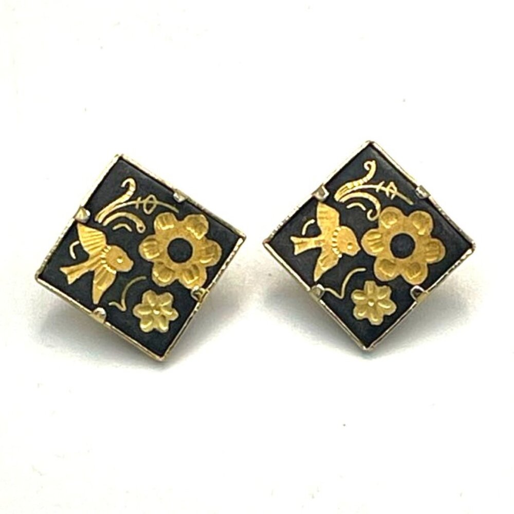 Vintage Damascene Clip On Earrings Bird Floral Gold Tone‎ Inlay .5" Square